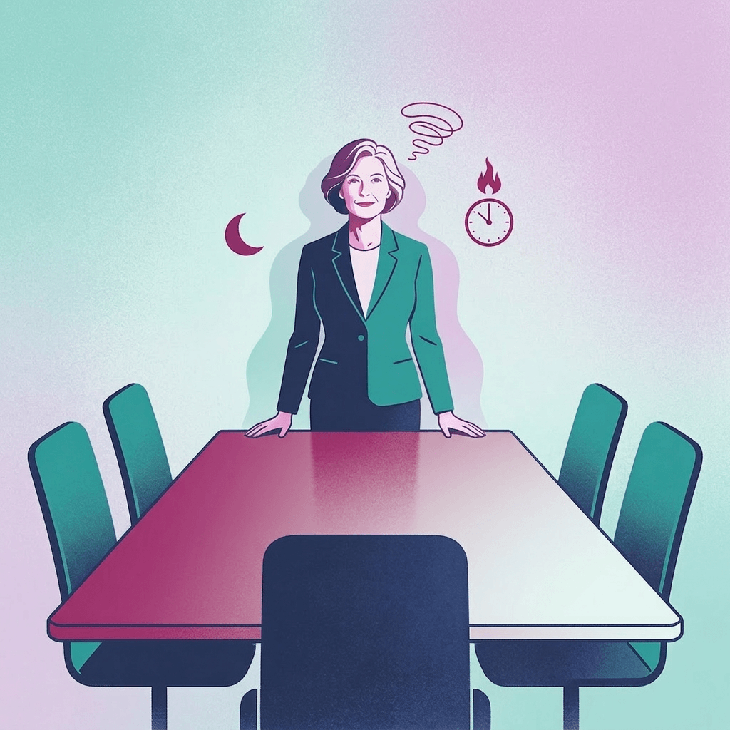 Professional woman in green blazer standing at conference table with teal chairs, appearing dizzy with swirl symbol above
